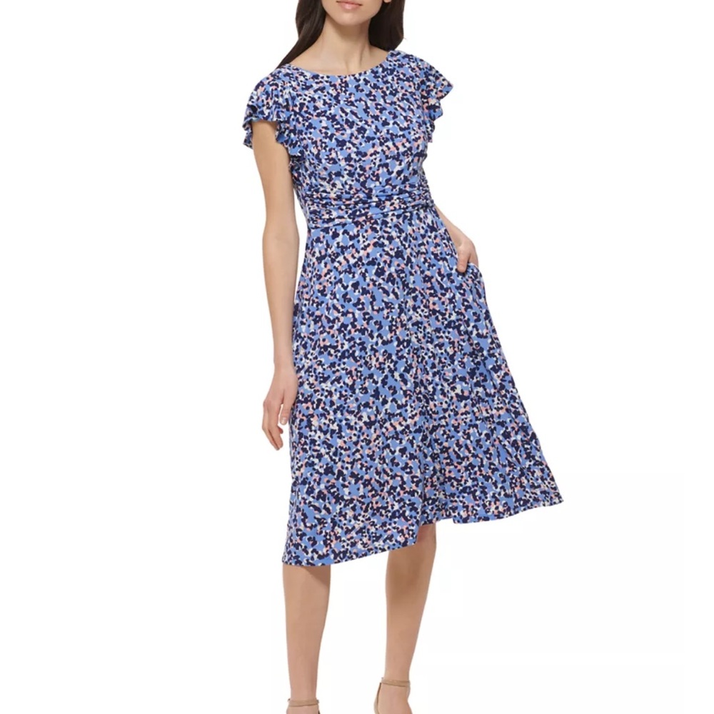Women's Jessica Howard Blue & Pink Floral Tie-Waist Midi Dress Fit & Flare SZ MP